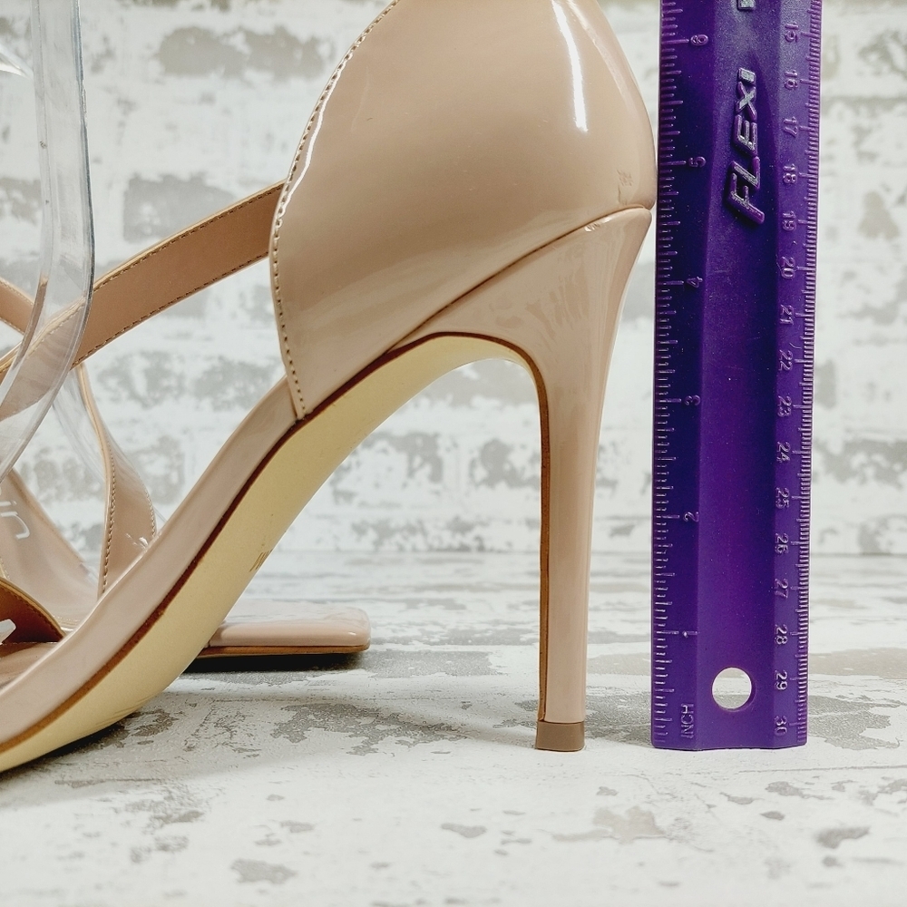 New Calvin Klein Tracy Tan Patent Square Toe Heeled Sandals F248 - Picture 8 of 13